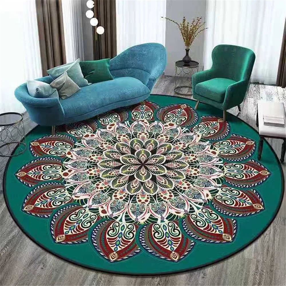 Round Area Rug Geometric Mandala Polyester Low-Pile Woven