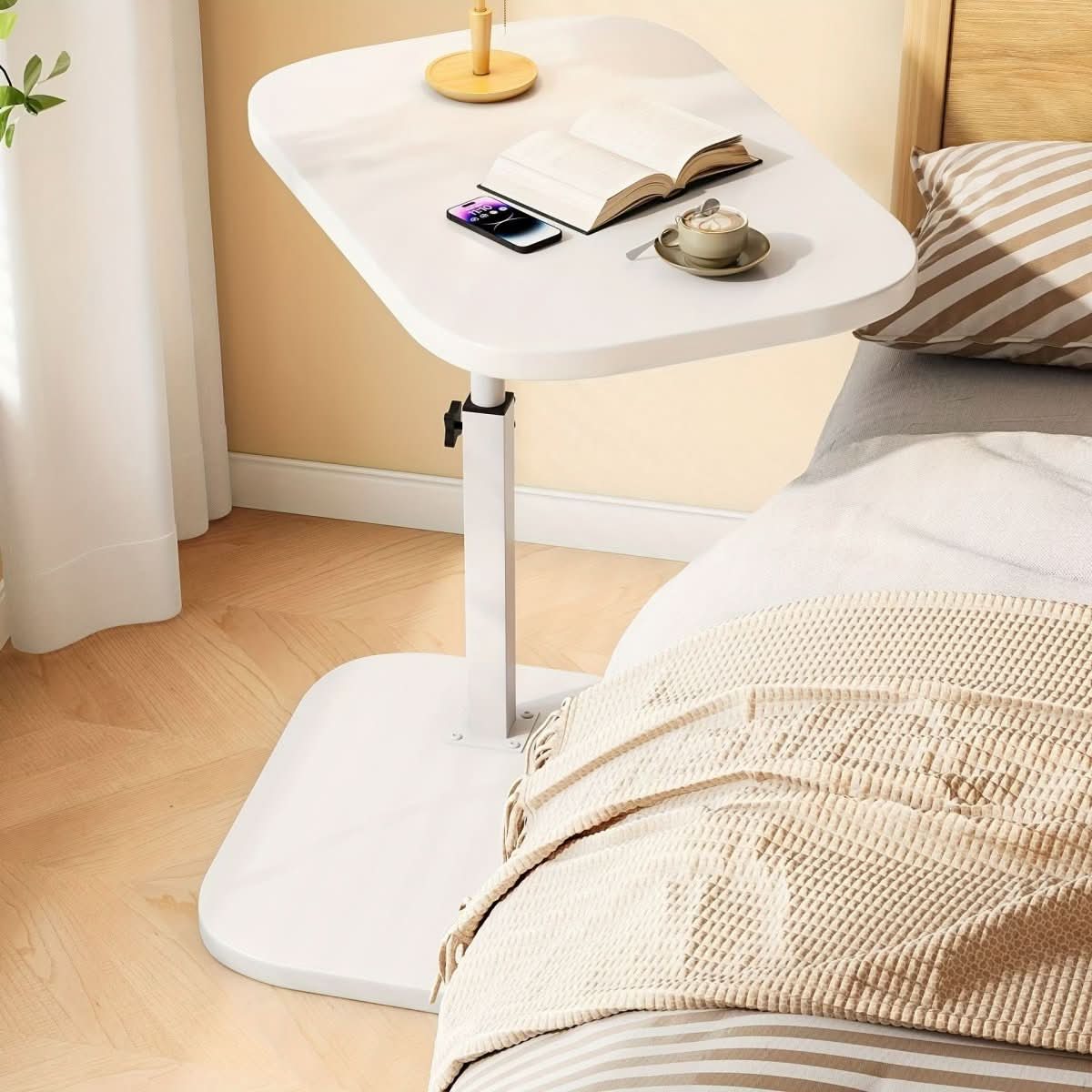 Side Table Adjustable Height Wooden Top Metal Frame