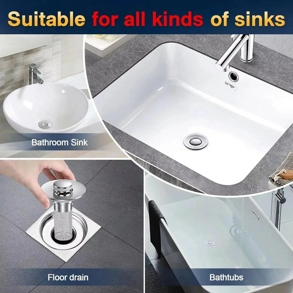 Sink Drain Stopper Press-To-Seal Hair Catcher