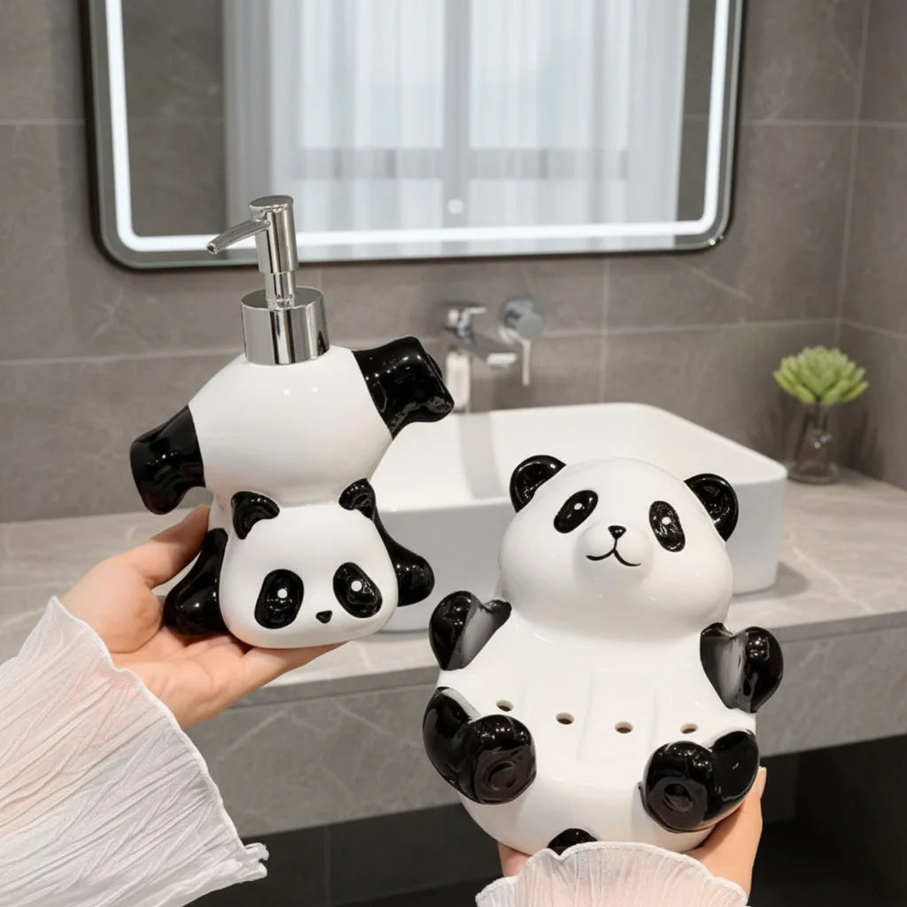 Soap Dispenser Ceramic Panda Design Compact Countertop Style