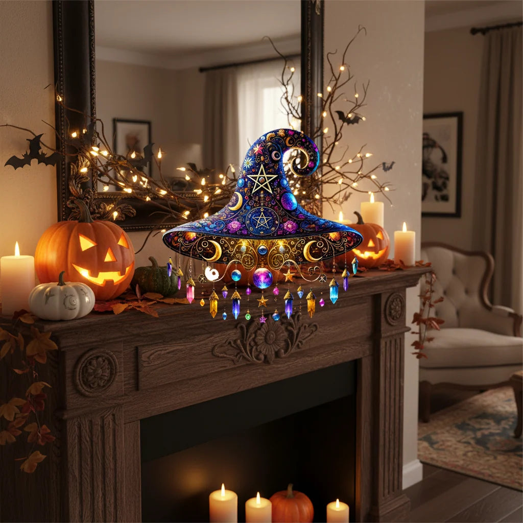 Stained Glass Suncatcher Witch Hat Crystal Pendants