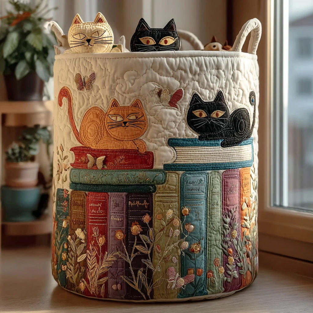 Storage Basket Quilted Cat Embroidery Reinforced Handles