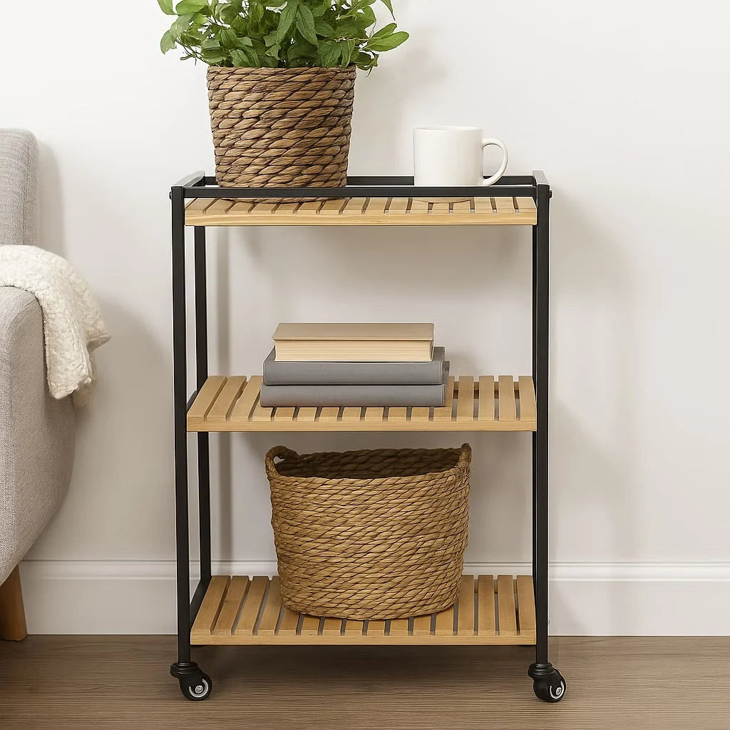 Storage Trolley Bamboo 3-Tier Rolling Shelves