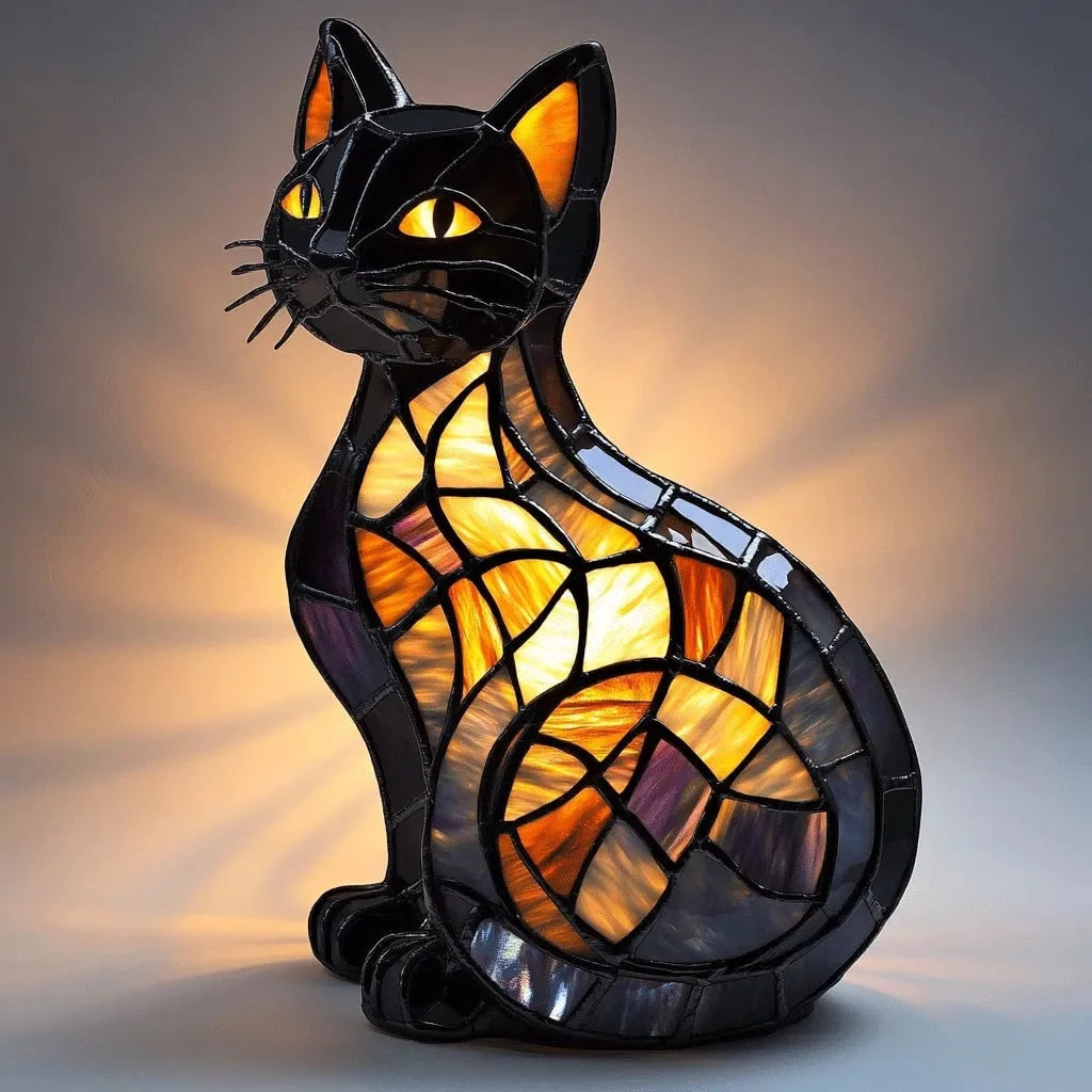 Table Lamp Cat-Shaped Multicolored Stained Glass Glowing Eyes