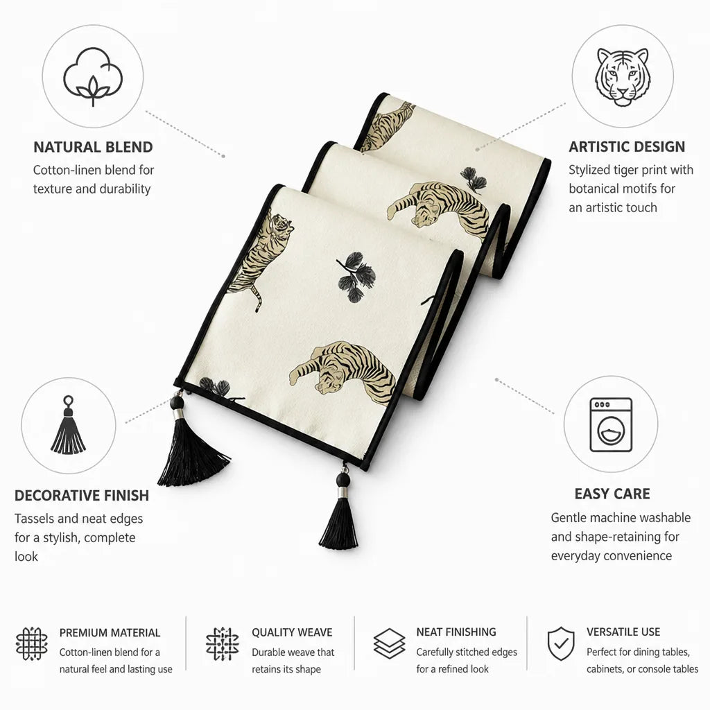 Table Runner Cotton-Linen Blend Stylized Tiger Print Tassels