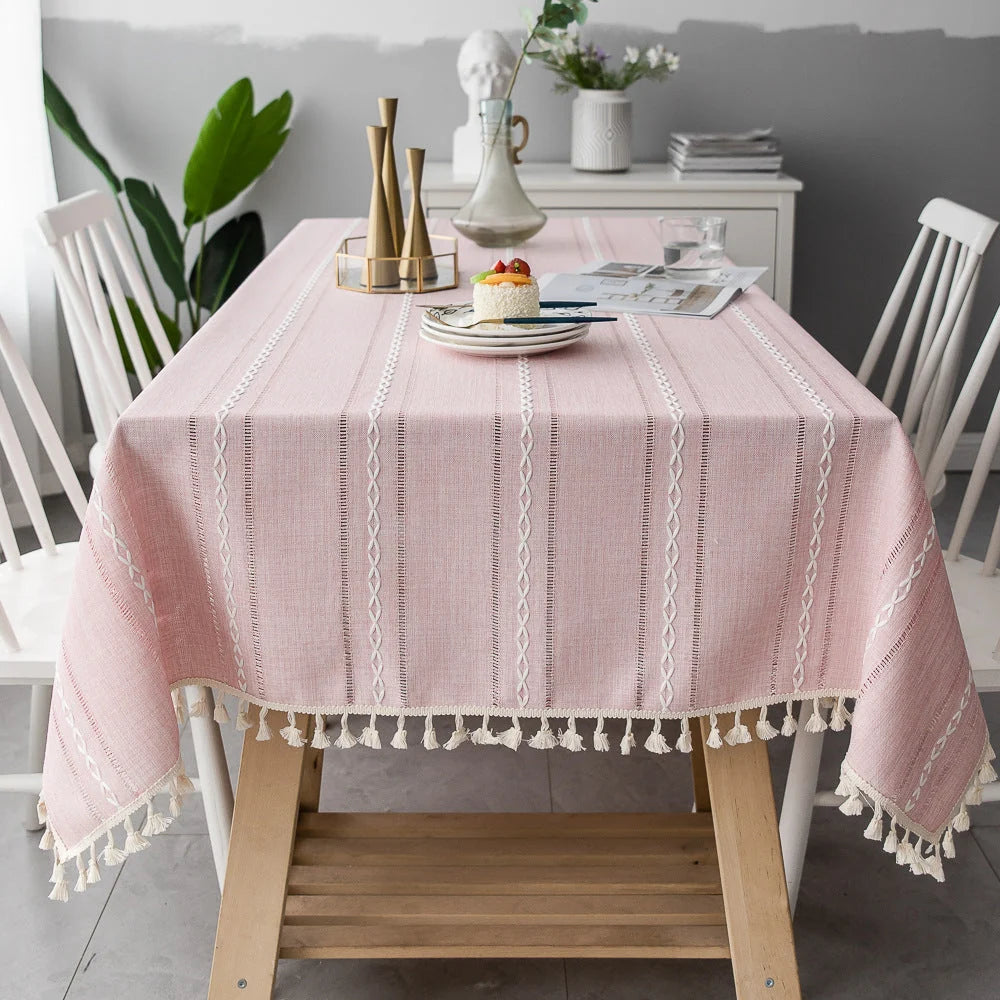Tablecloth Cotton-Linen Blend Striped Tassel Trim Stain-Resistant