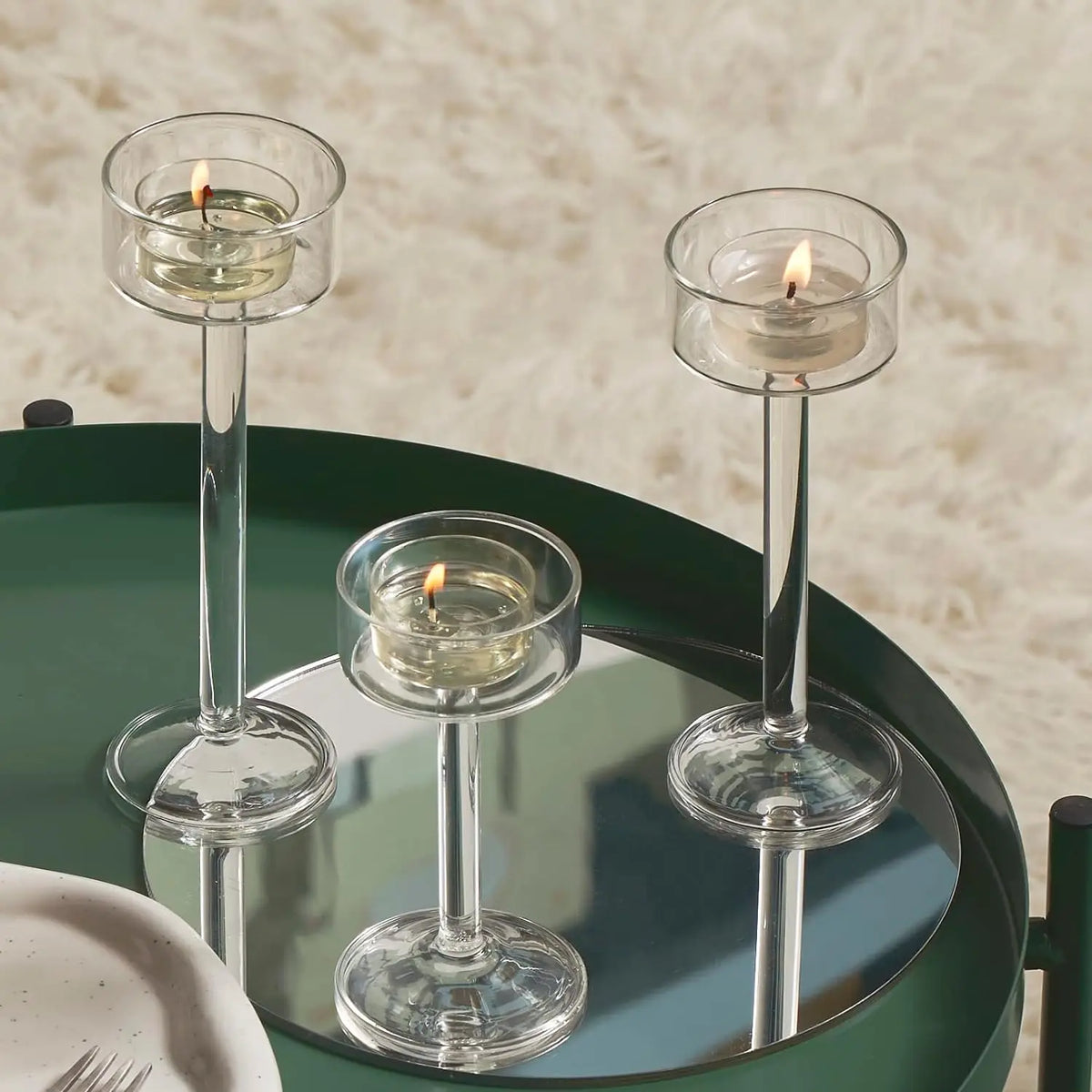 Tealight Candle Holder Set Glass Set of 3 Reflective Design