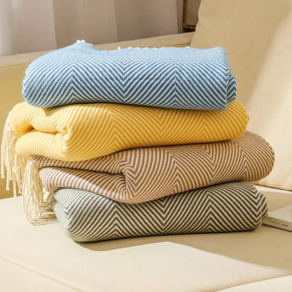Throw Blanket 100% Cotton Herringbone Weave Fringed Ends