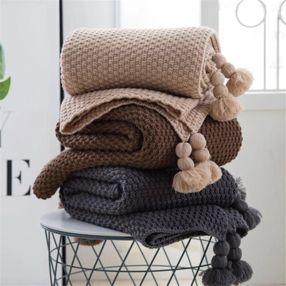 Throw Blanket Acrylic Waffle Knit Pom-Pom Tassels Pill-Resistant