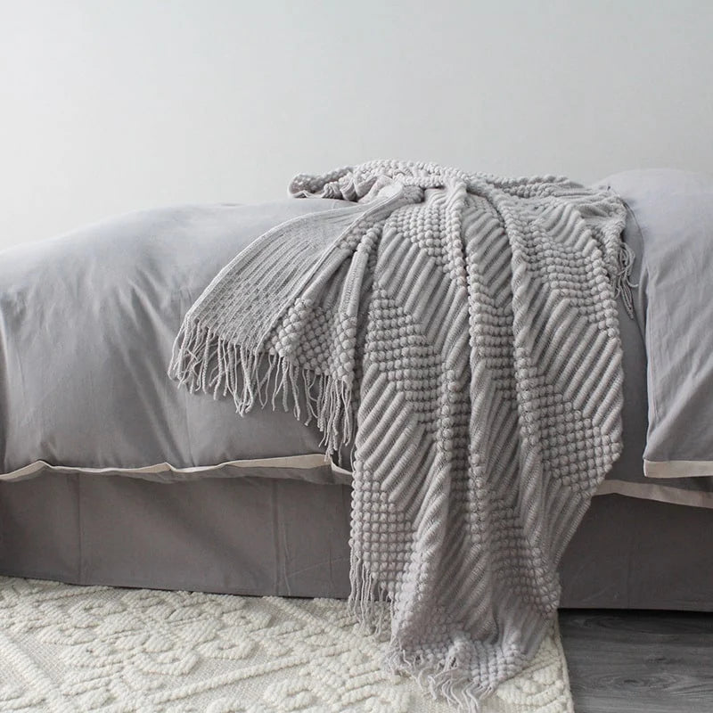 Throw Blanket Chunky Popcorn Knit With Fringe Machine Washable