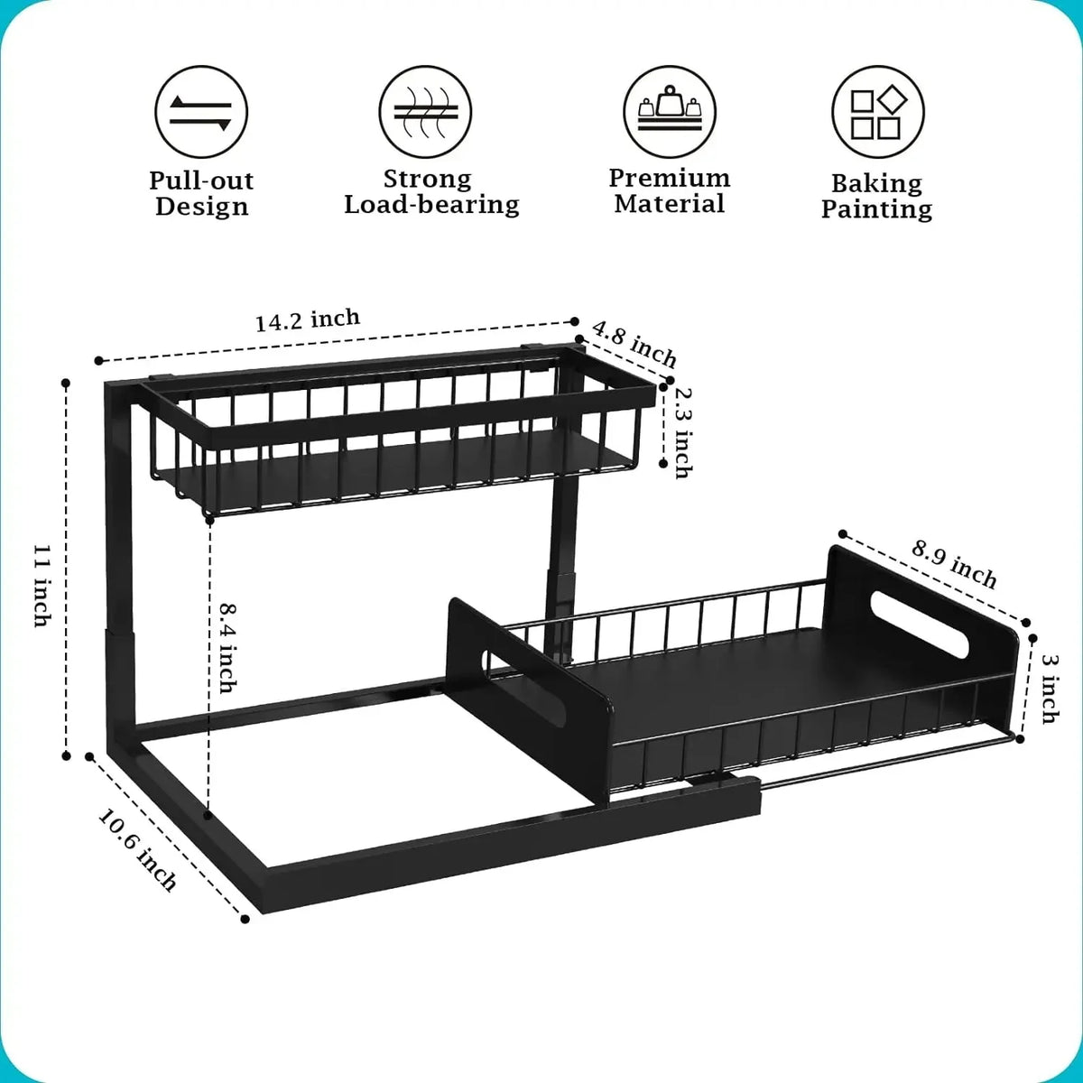 Under Sink Organizer Dual-Tier Slide-Out Carbon Steel Frame