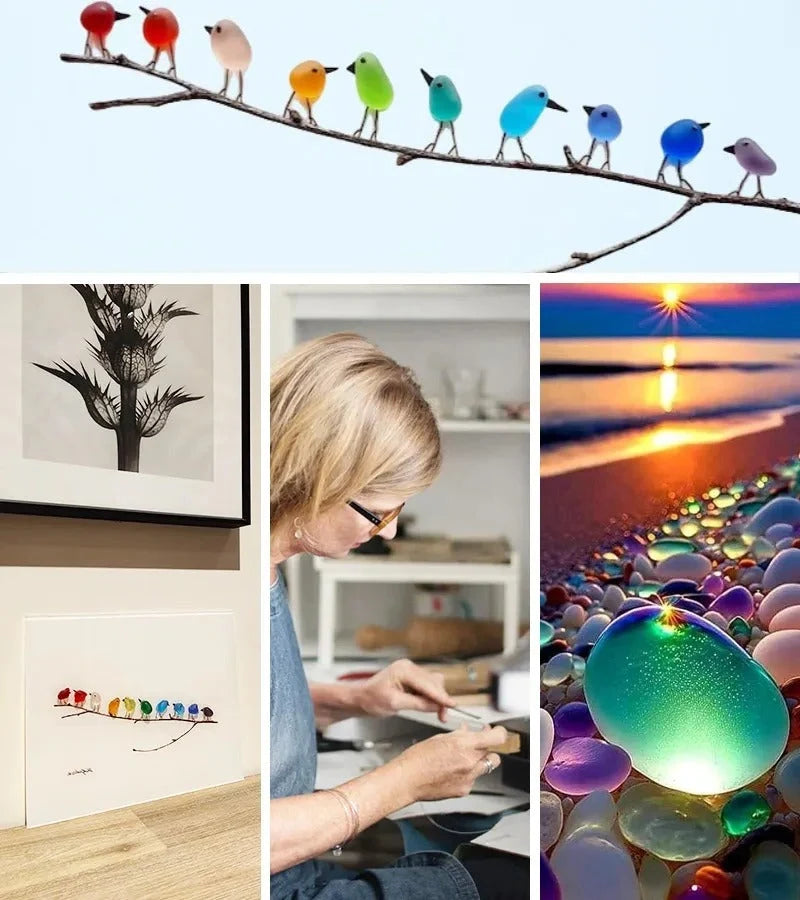 Wall Art Sea Glass Rainbow Birds Driftwood Base