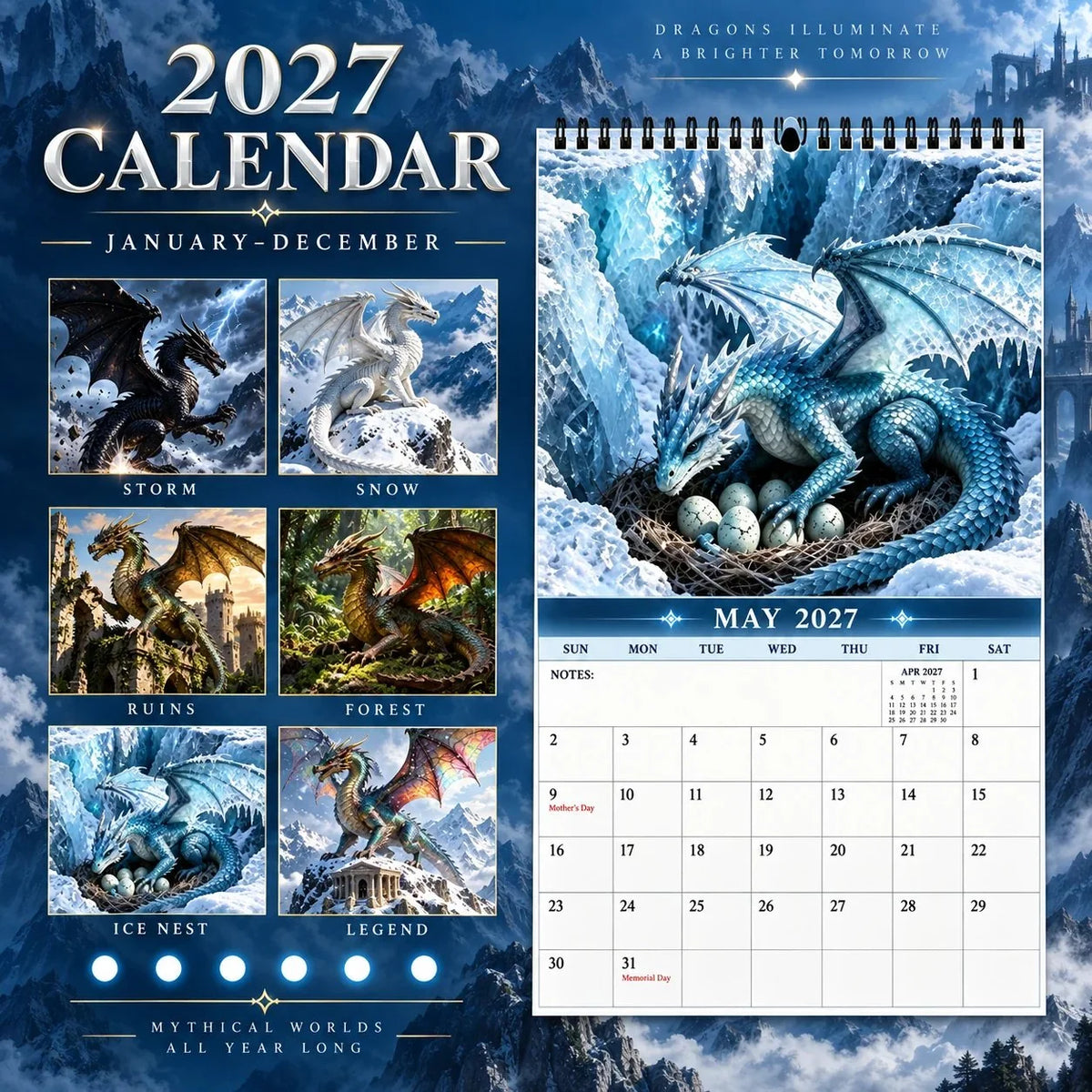 Wall Calendar 2027 Dragon Artwork Spiral-Bound With Note Space
