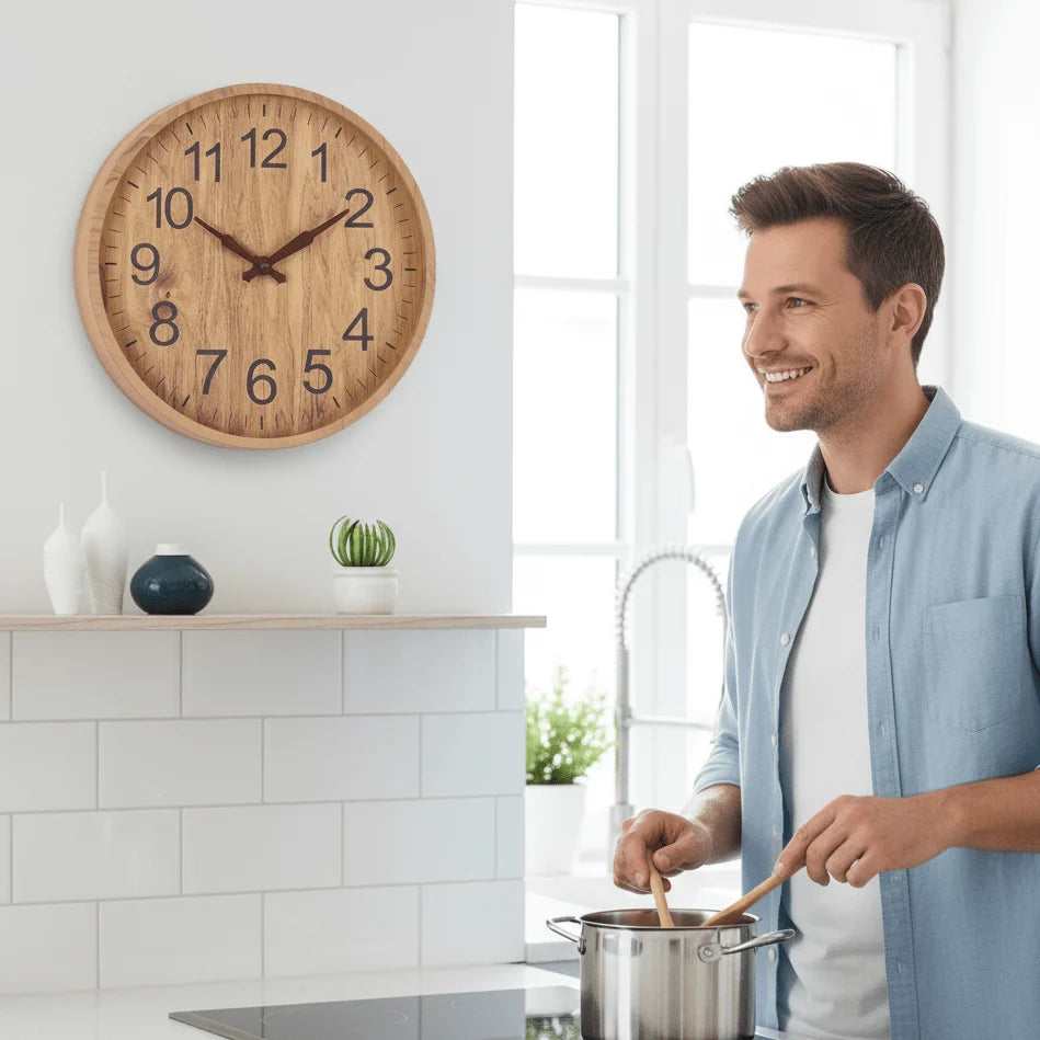 Wall Clock Silent Operation Natural Wood Finish 11.8 Inch