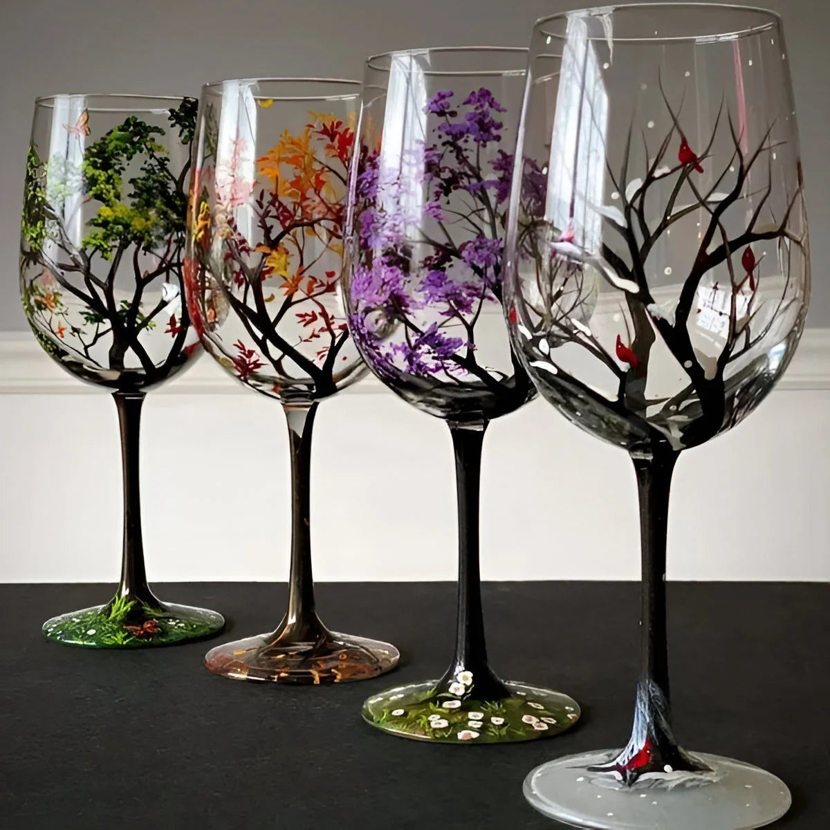 Wine Glass Hand-Painted Seasonal Tree Dishwasher-Safe 12 Ounce