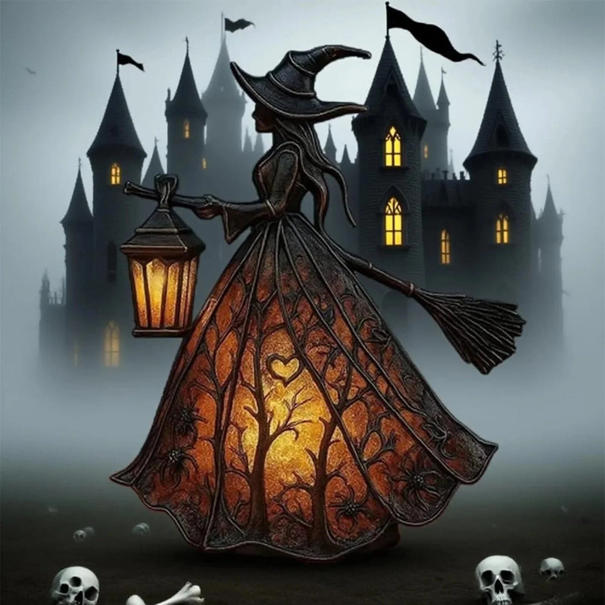 Witch Figurine Textured Resin Warm LED Lantern Light