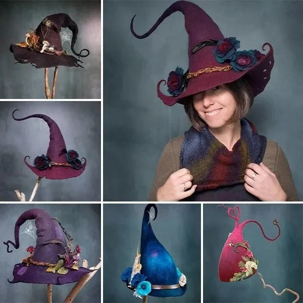 Witch Hat Hand-Felted Wool Chiffon Trim Adjustable Fit