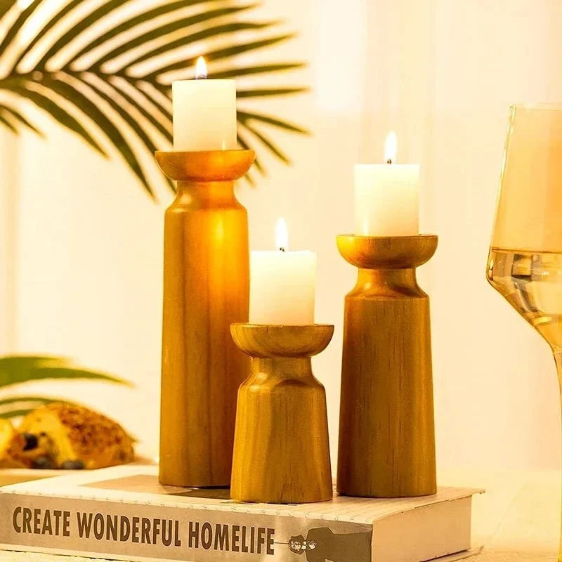 Wooden Candle Holders Turned Wood Set of 3 Graduated Heights