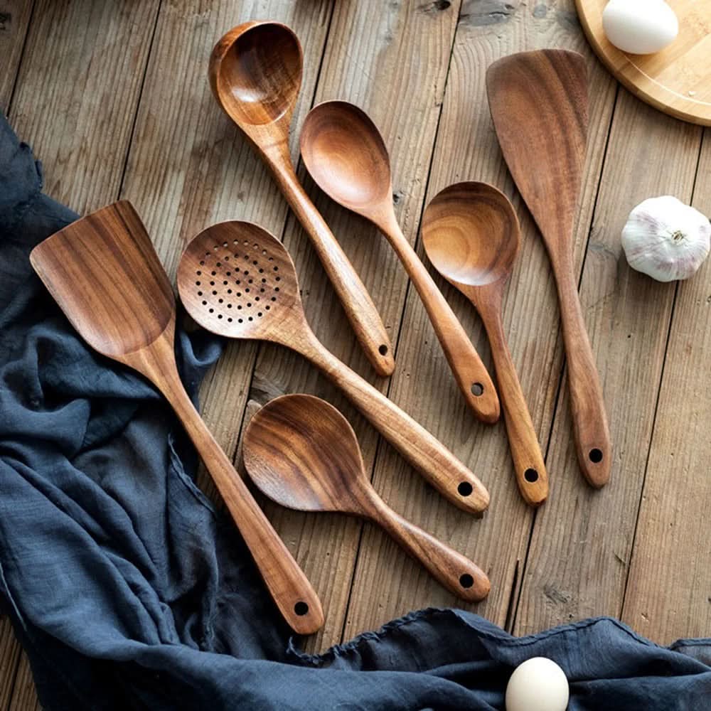 Wooden Utensil Set Teak Hardwood Heat-Resistant Set of 10