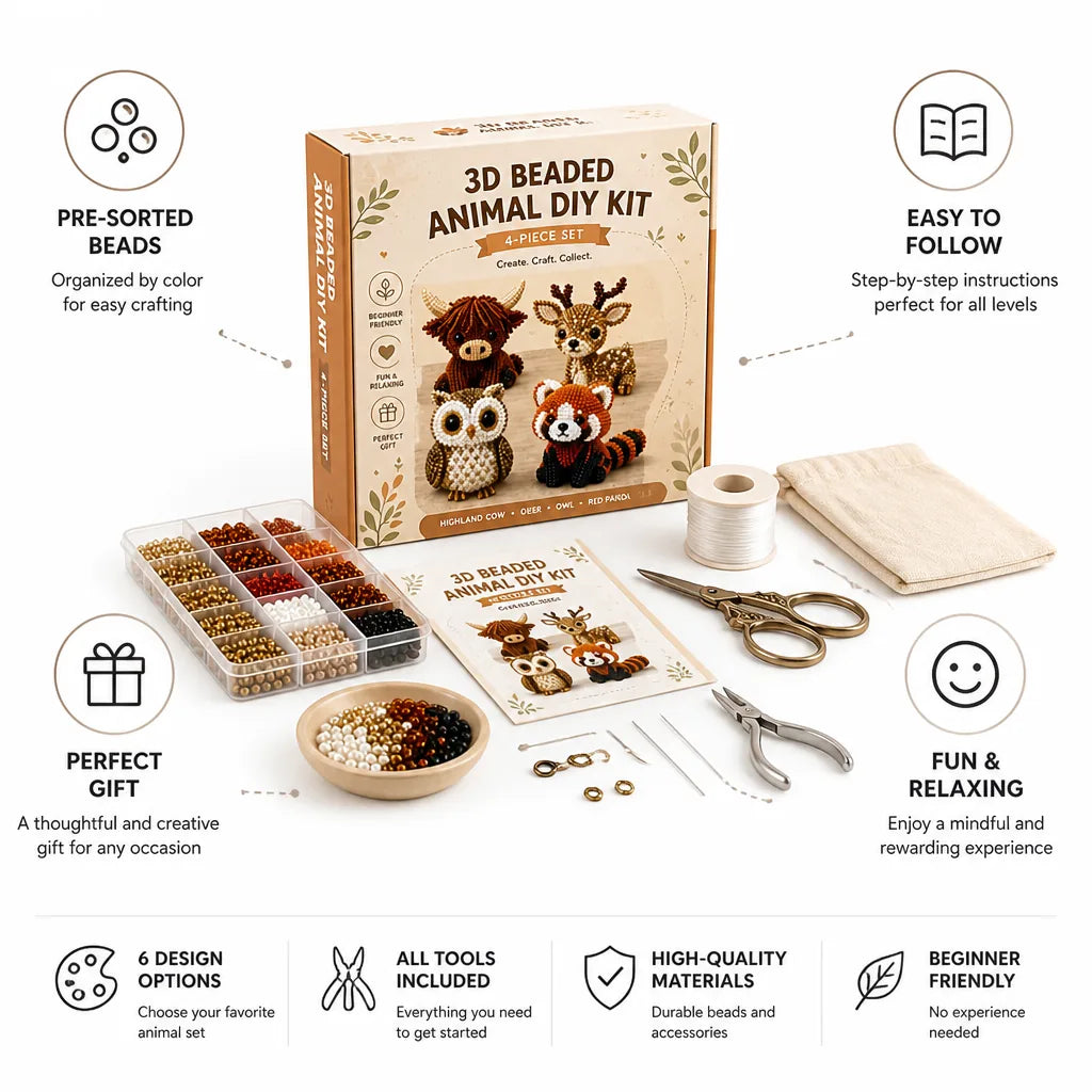 3D Animal Bead Craft Kit Pre-Sorted Beads Tools Included