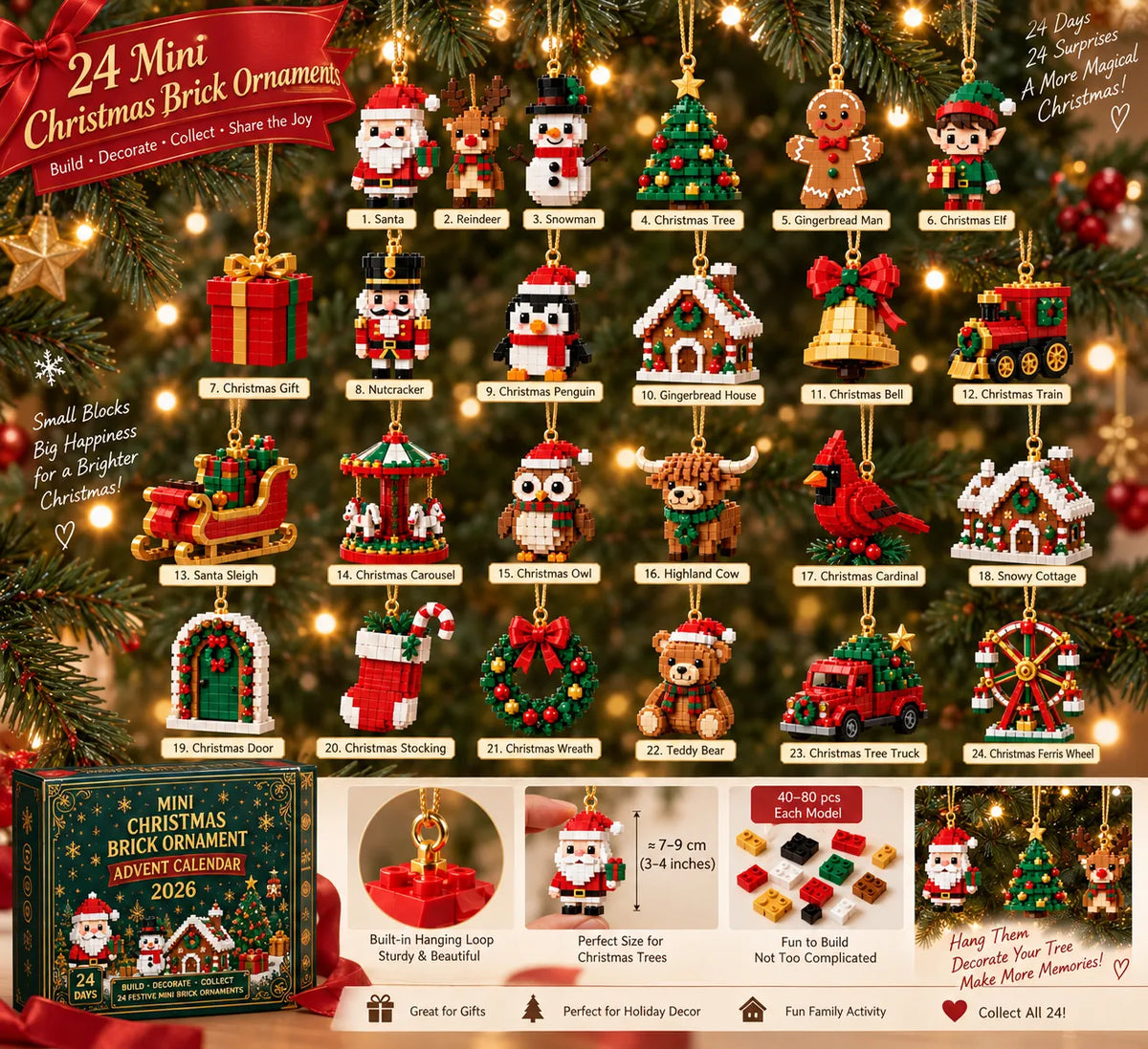 Advent Calendar 24 Mini Brick Hanging Ornaments