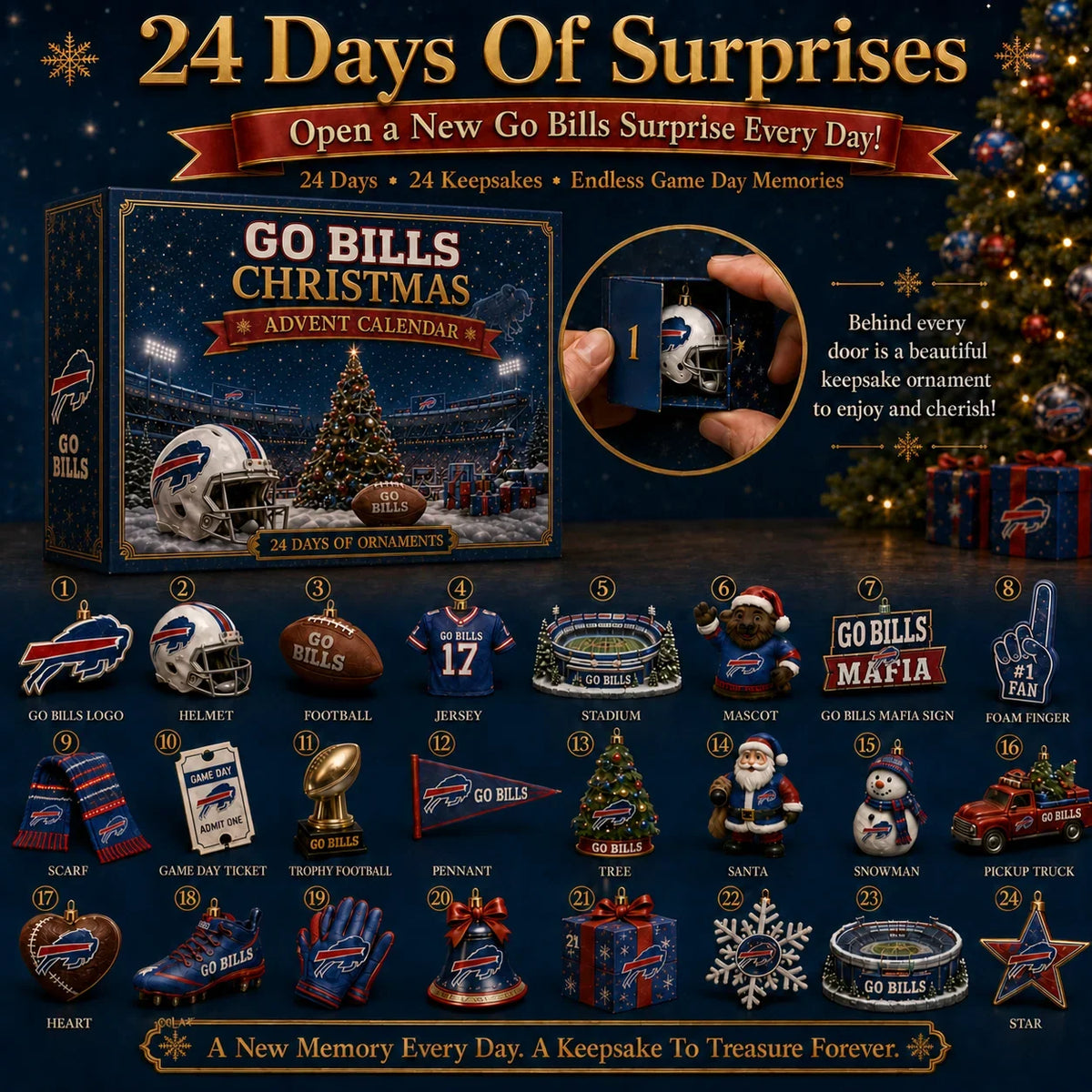 Advent Calendar Football-Themed Set of 24 Ornaments