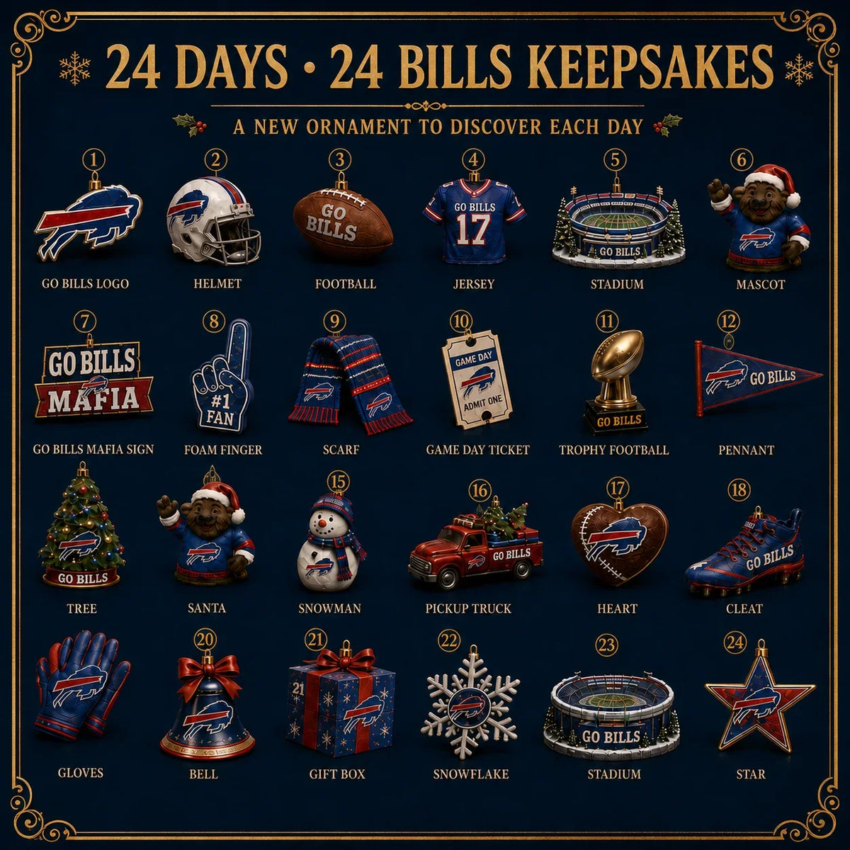 Advent Calendar Football-Themed Set of 24 Ornaments