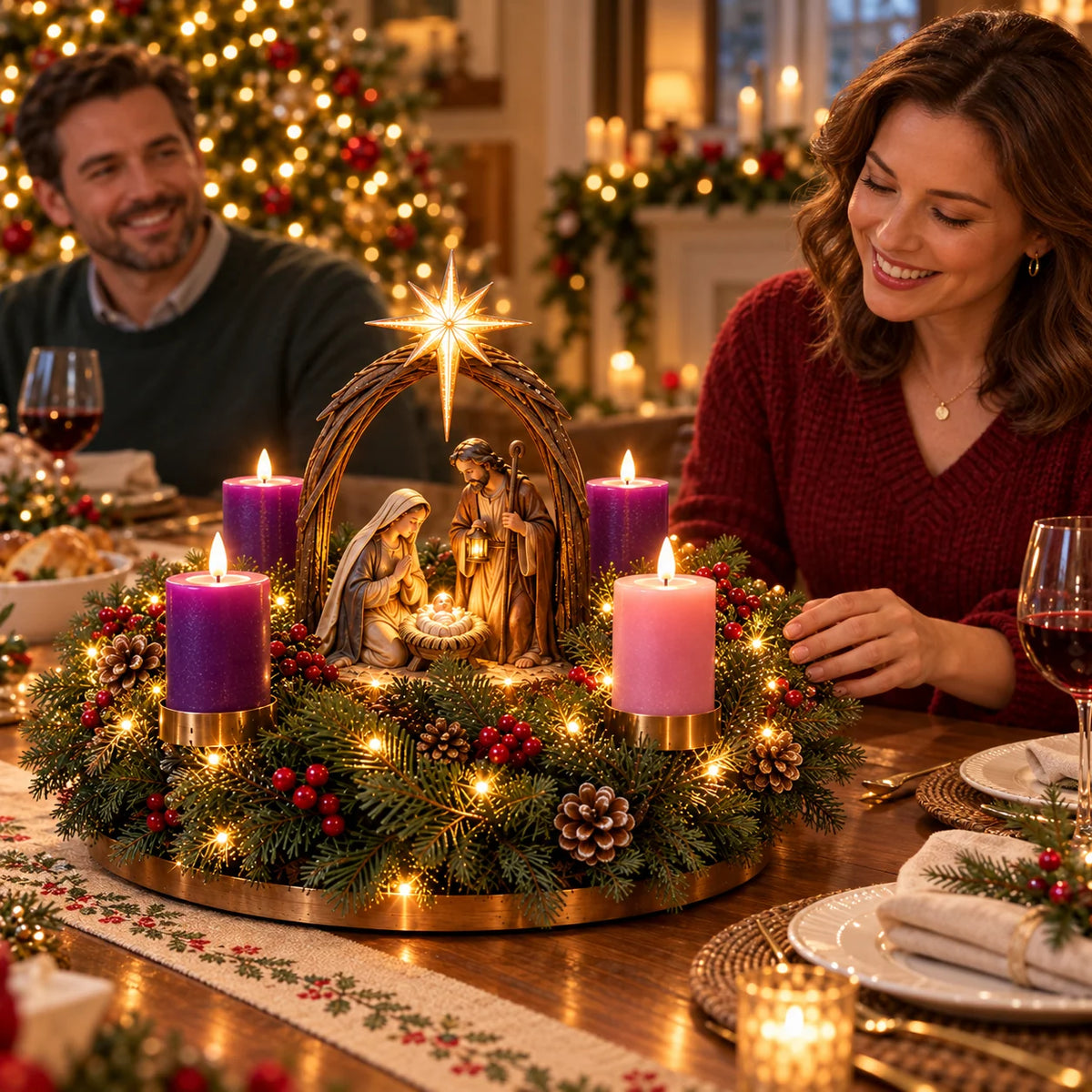 Advent Wreath Nativity Scene Four Flameless Candles