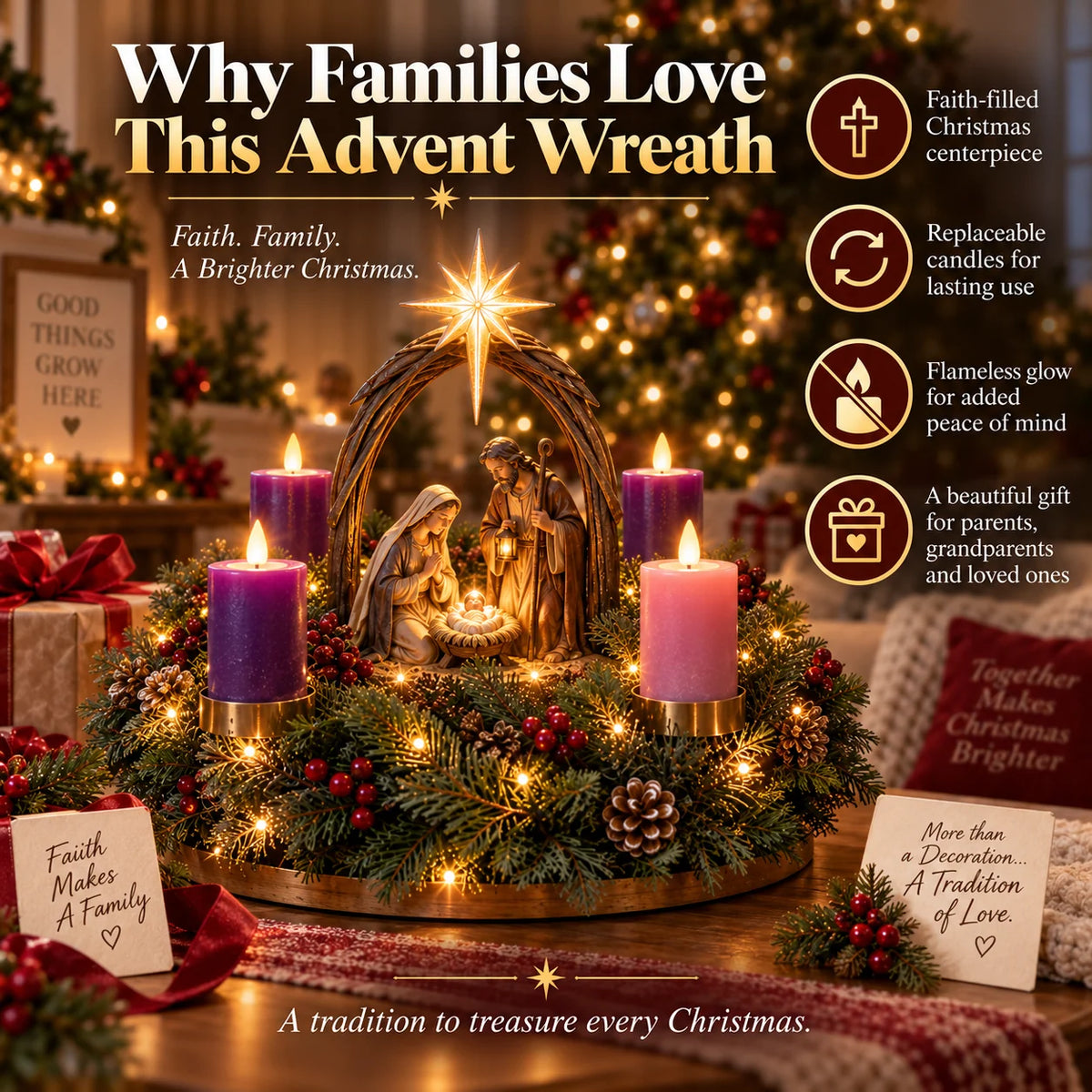 Advent Wreath Nativity Scene Four Flameless Candles