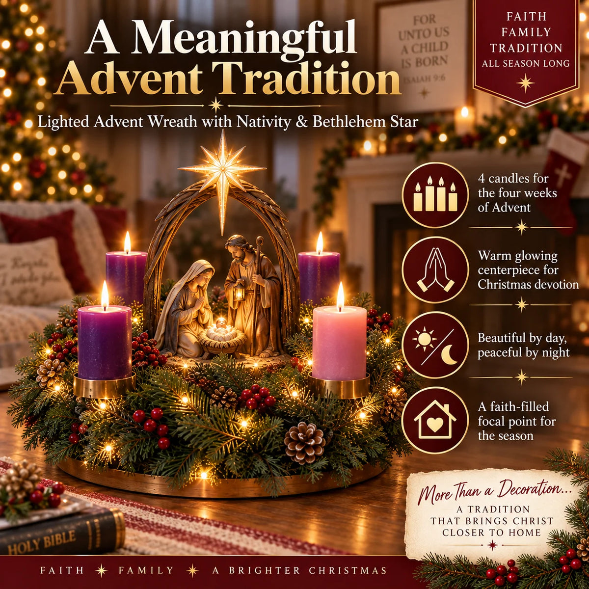 Advent Wreath Nativity Scene Four Flameless Candles