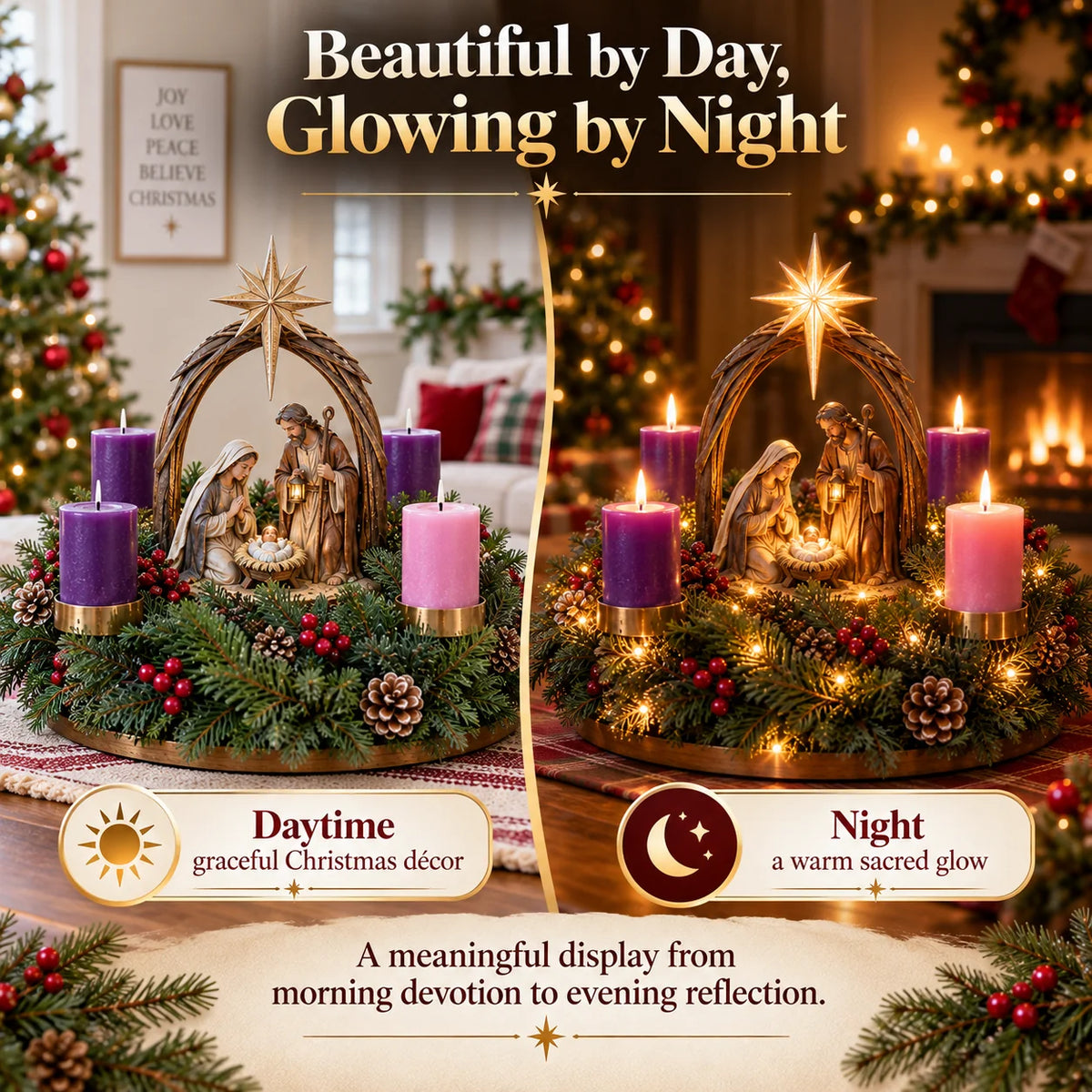Advent Wreath Nativity Scene Four Flameless Candles