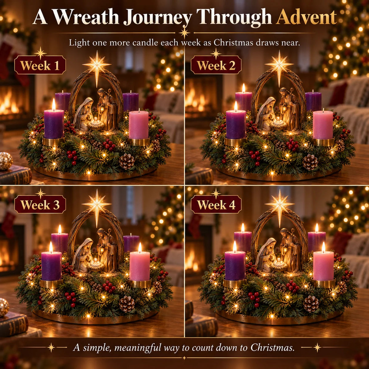 Advent Wreath Nativity Scene Four Flameless Candles