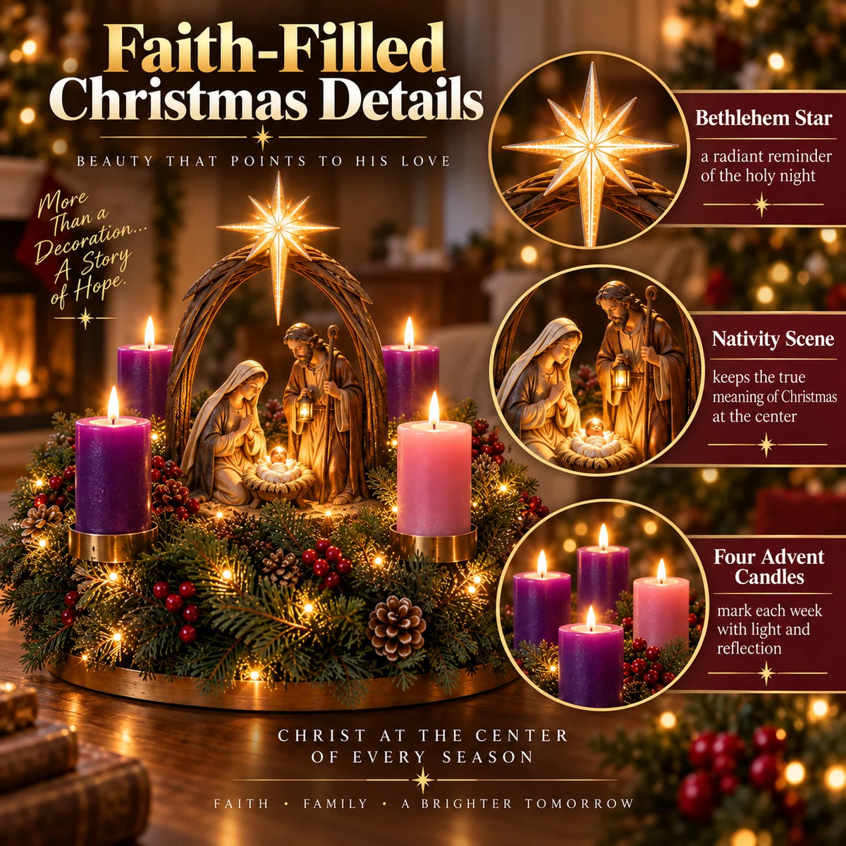 Advent Wreath Nativity Scene Four Flameless Candles