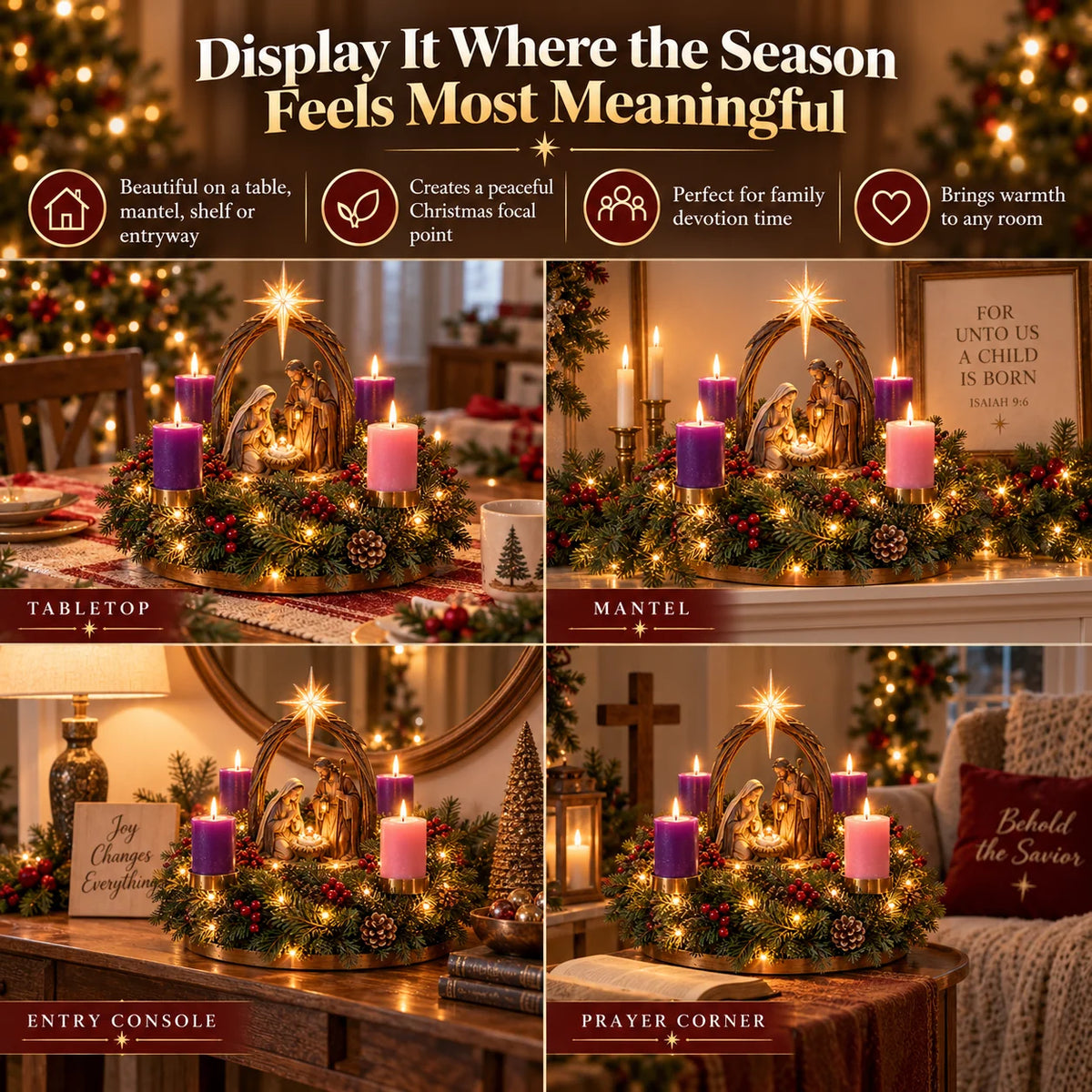 Advent Wreath Nativity Scene Four Flameless Candles