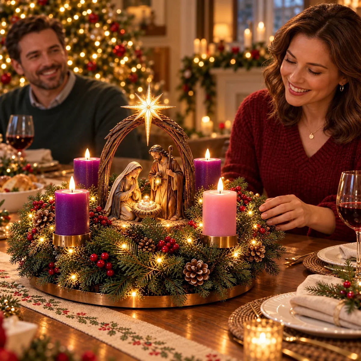 Advent Wreath Nativity Scene LED Star Four Flameless Lights