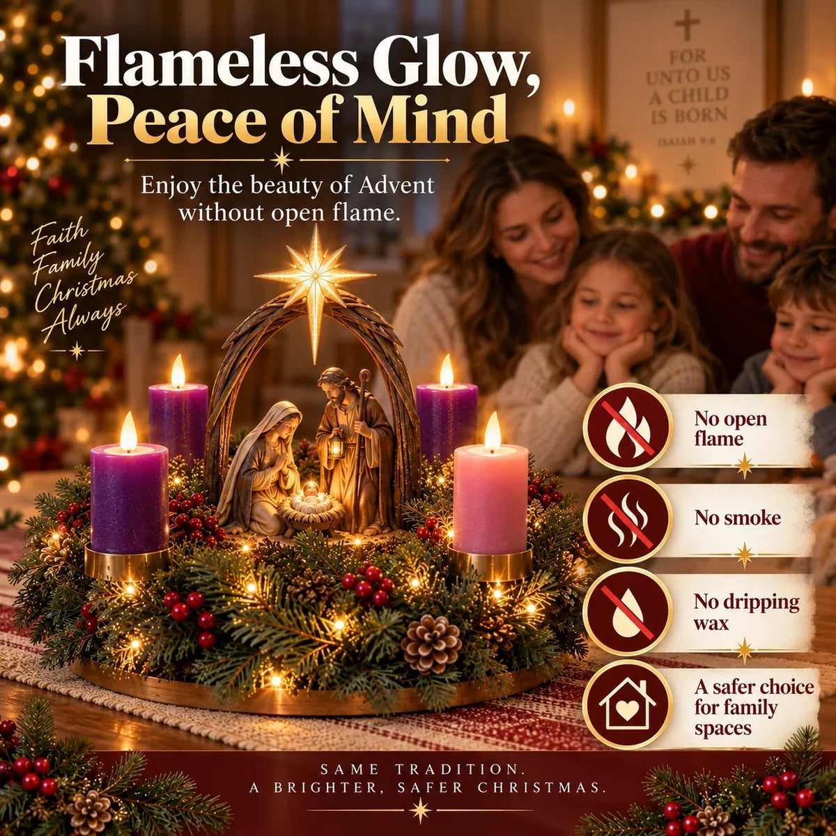 Advent Wreath Nativity Scene LED Star Four Flameless Lights