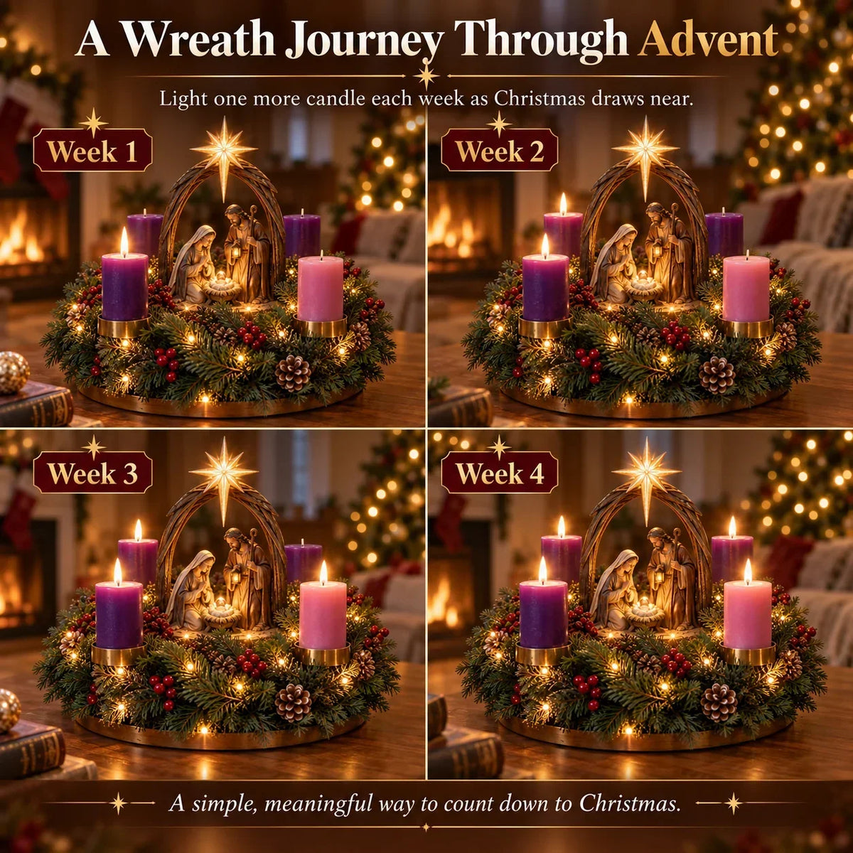 Advent Wreath Nativity Scene LED Star Four Flameless Lights