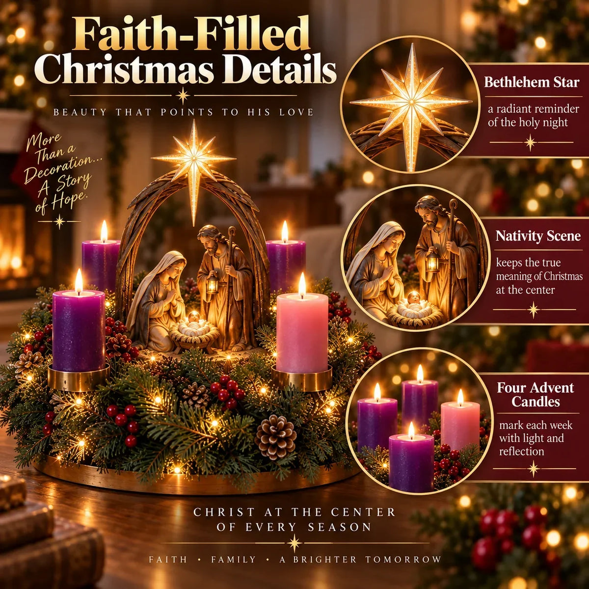 Advent Wreath Nativity Scene LED Star Four Flameless Lights