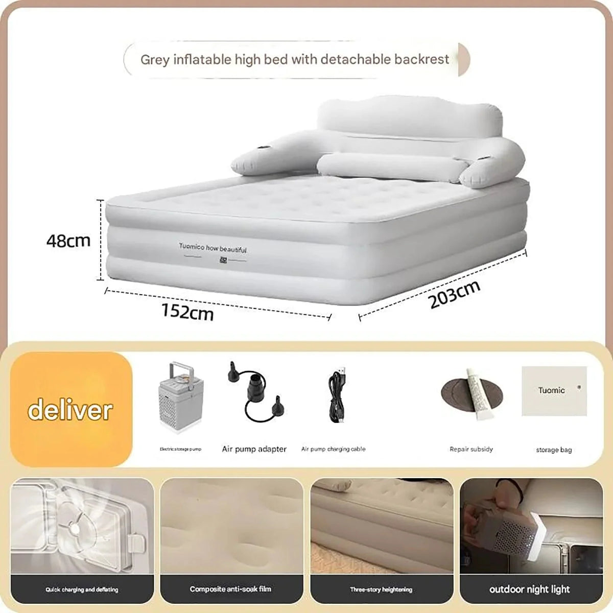 Air Mattress Double-High Electric Pump Backrest & Pillows
