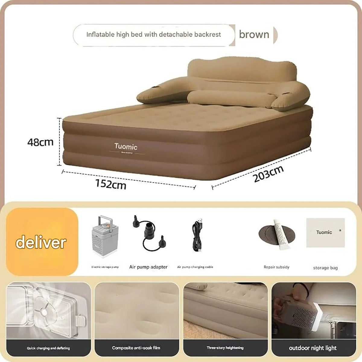 Air Mattress Double-High Electric Pump Backrest & Pillows
