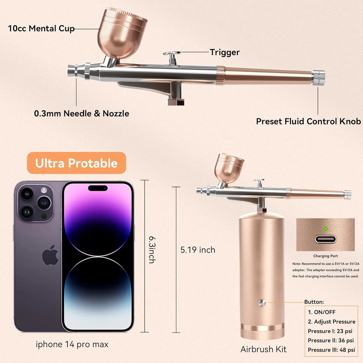 Airbrush Kit Cordless Rechargeable Three Pressure Settings