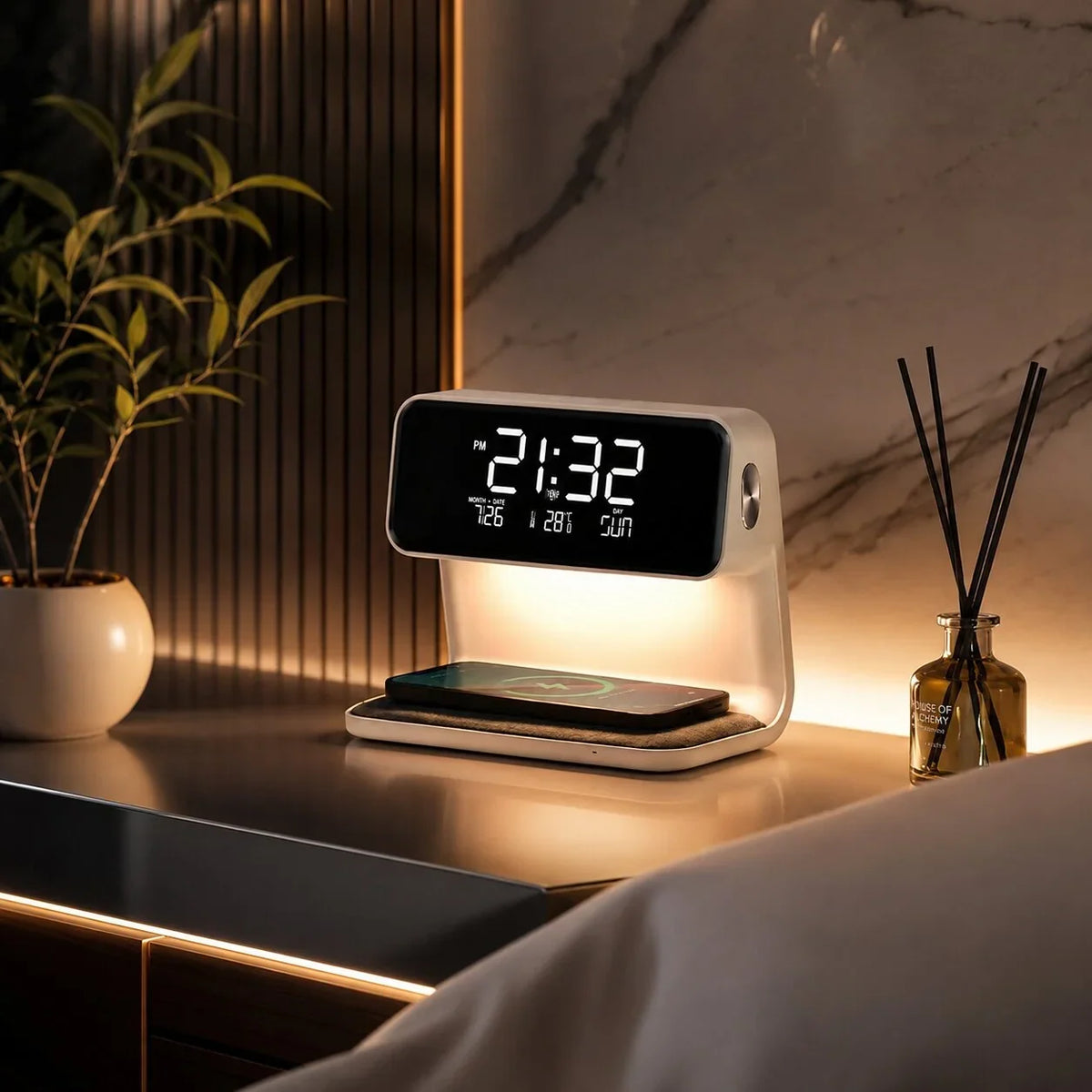 Alarm Clock Wireless Charging Dimmable LED Light LCD Display