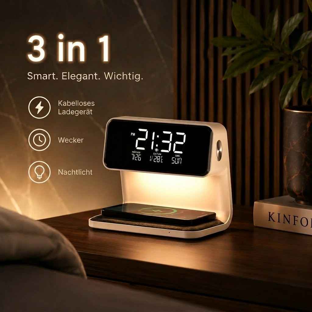 Alarm Clock Wireless Charging Dimmable LED Light LCD Display