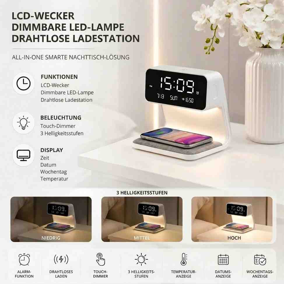 Alarm Clock Wireless Charging Dimmable LED Light LCD Display