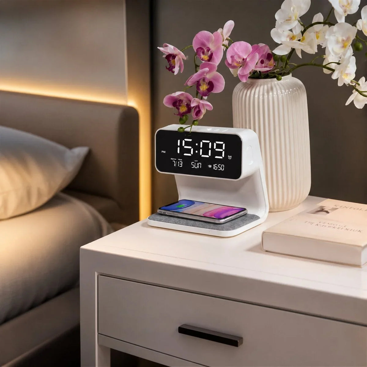Alarm Clock Wireless Charging Dimmable LED Light LCD Display