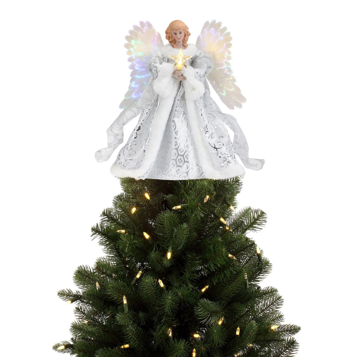Angel Tree Topper Fiber Optic Wings & Warm White LED Star