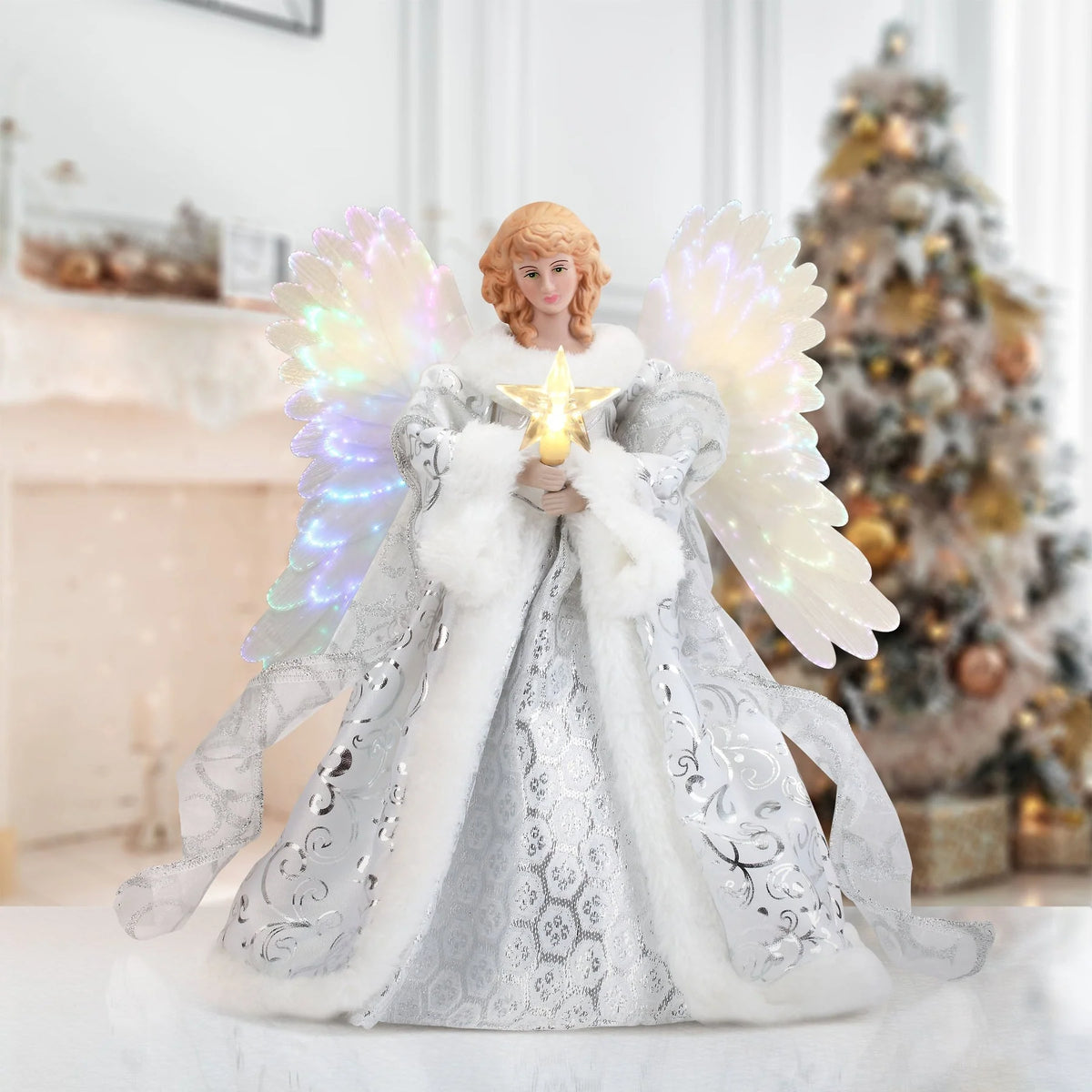 Angel Tree Topper Fiber Optic Wings & Warm White LED Star