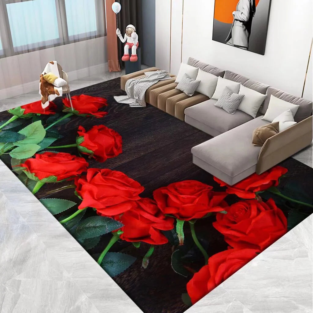 Area Rug 3D Floral Design Machine Washable & Stain-Resistant