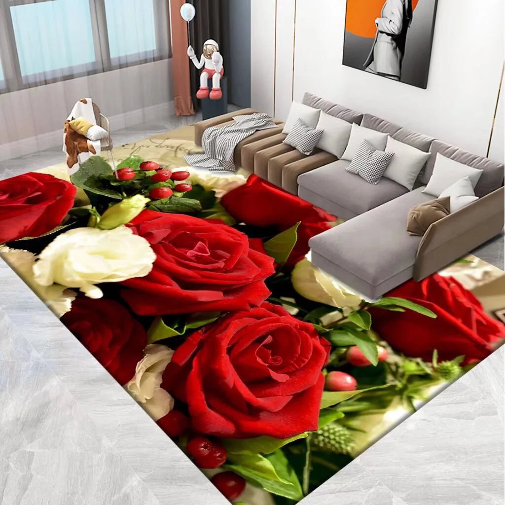 Area Rug 3D Floral Design Machine Washable & Stain-Resistant