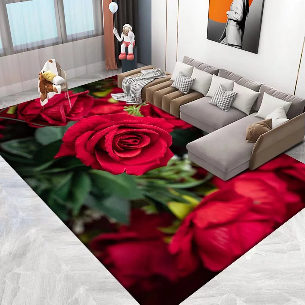 Area Rug 3D Floral Design Machine Washable & Stain-Resistant